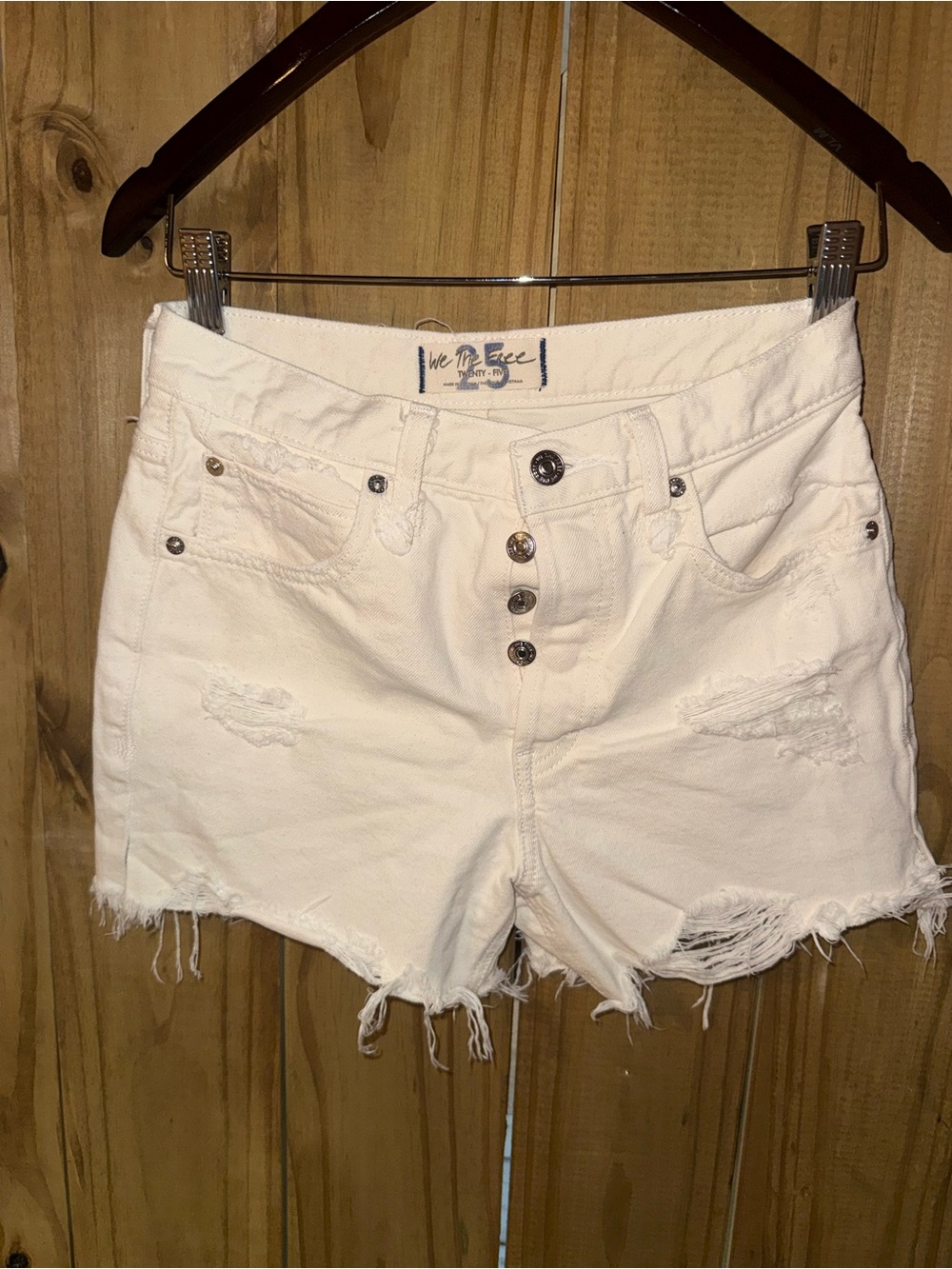We The Free Off-White Distressed Button-Front Denim Shorts